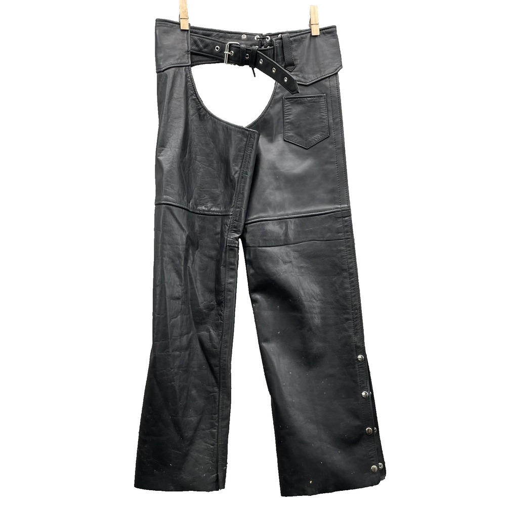 Interstate Leather Chaps Mens Large Black Motorcycle Biker Western Cowboy Riding